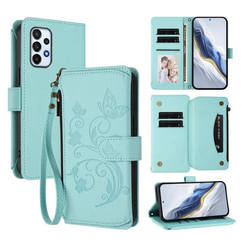 Funda de cuero con cremallera para Samsung Galaxy A73 5G, diseño de mariposas, flores y amor, con múltiples tarjetas (verde menta)