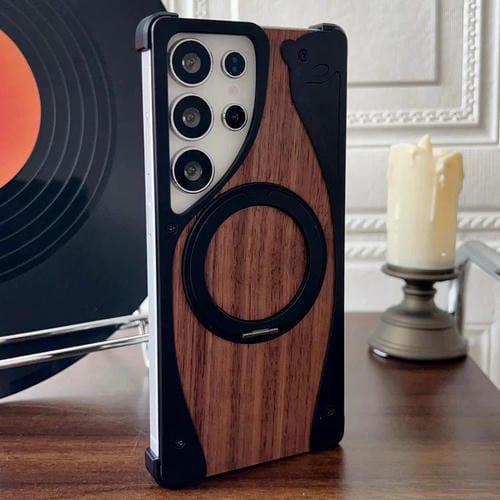 Funda de metal sin marco para Samsung Galaxy S25 Ultra 5G, color nogal, con rotación de 360 grados y soporte MagSafe (negro)