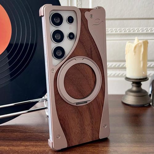 Funda de metal sin marco para Samsung Galaxy S23 Ultra 5G, color nogal, con rotación de 360 grados y soporte MagSafe (dorado postre)