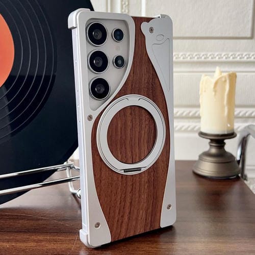 Funda de metal sin marco para Samsung Galaxy S23 Ultra 5G, color nogal, con rotación de 360 grados y soporte MagSafe (plateada)