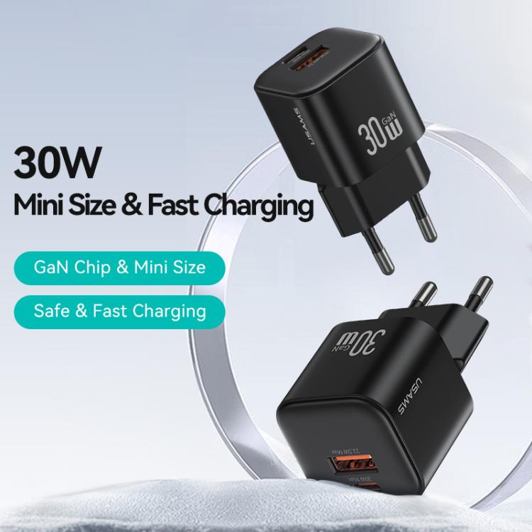Cargador mini rápido USAMS CC263 de 30 W GaN USB-C/Tipo-C, con dos puertos USB, enchufe UE (negro)