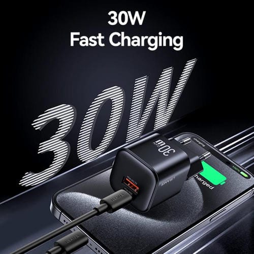 Cargador mini rápido USAMS CC263 de 30 W GaN USB-C/Tipo-C, con dos puertos USB, enchufe UE (blanco)
