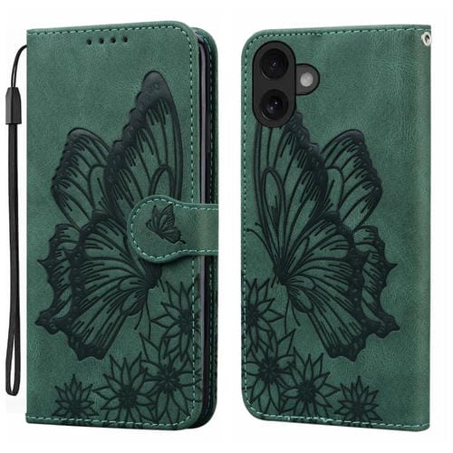Funda de cuero con tapa horizontal y diseño de mariposas en relieve retro para iPhone 17 (verde)