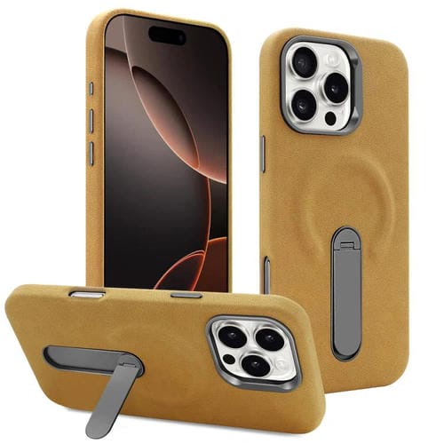 Funda VIETAO de piel sintética MagSafe de gamuza con soporte para iPhone 16 Pro (marrón claro)