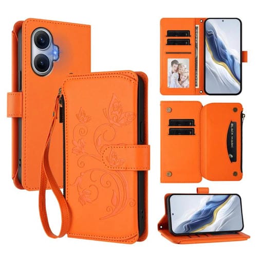 Funda de cuero con cremallera para Redmi Turbo 4 Pro y Xiaomi Poco F7, diseño de mariposas, flores y mariposas (naranja)