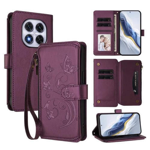 Funda de cuero con cremallera para Redmi Note 14 Pro 4G, diseño de mariposas, flores y mariposas (morado oscuro)