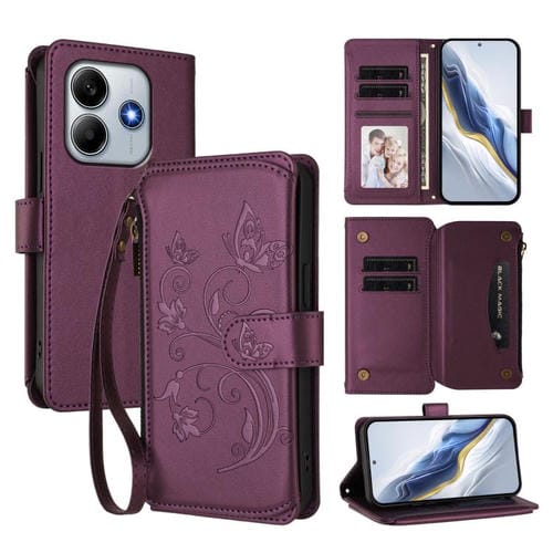 Funda de cuero con cremallera para Redmi Note 14 5G / Xiaomi Poco M7 Pro 5G, diseño de mariposas y flores, con múltiples tarjetas (morado oscuro)