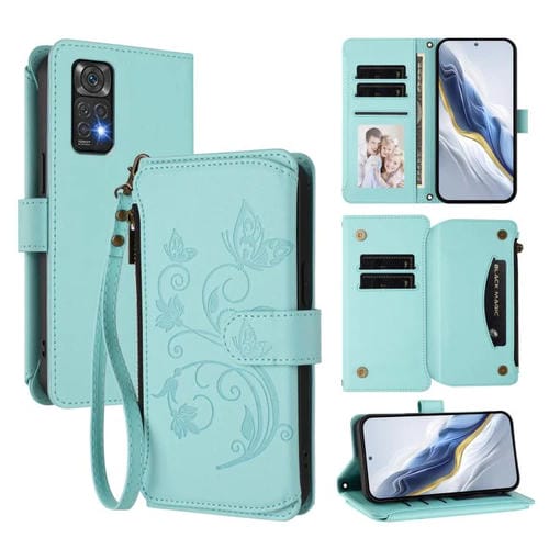 Funda de cuero con cremallera para Redmi Note 12S / Redmi Note 11S 4G, diseño de mariposas, flores y múltiples tarjetas (verde menta)
