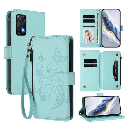 Funda de cuero con cremallera para Redmi Note 12 Pro 4G / Note 11 Pro 5G, diseño de mariposas y flores, con múltiples tarjetas (verde menta)