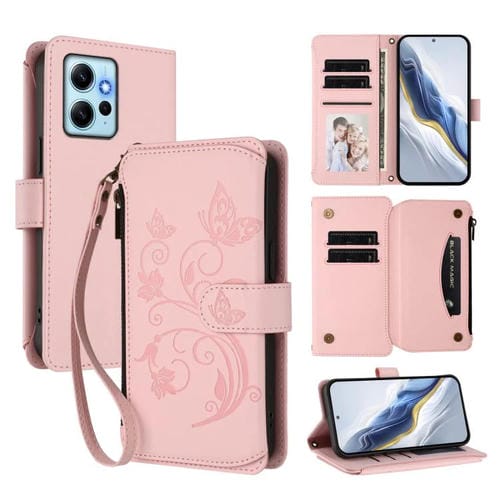 Funda de cuero con cremallera para Redmi Note 12 4G Global, diseño de mariposas, flores y amor, con múltiples tarjetas (rosa)