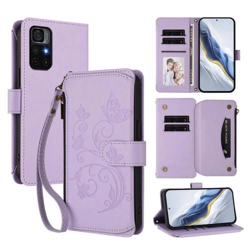 Funda de cuero con cremallera para Redmi Note 11S 5G y Xiaomi Poco M4 Pro 5G, diseño de mariposas y flores, con múltiples tarjetas (morado claro)