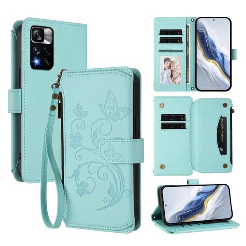 Funda de cuero con cremallera para Redmi Note 11 Pro+ 5G y Xiaomi Poco X4 NFC, diseño de mariposas, flores y múltiples tarjetas (verde menta)