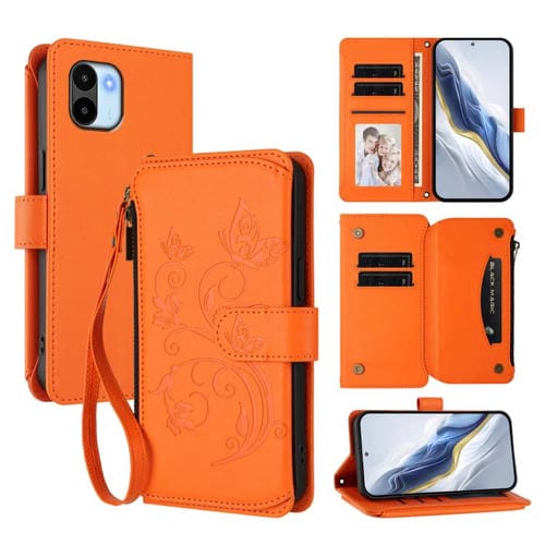 Funda de cuero con cremallera para Redmi A1/Redmi A2, diseño de mariposas y flores, con múltiples tarjetas (naranja)
