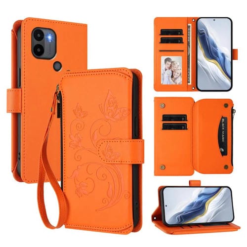 Funda de cuero con cremallera para Redmi A1+ / A2+ / Xiaomi Poco C51, diseño de mariposas y flores, con múltiples tarjetas (naranja)