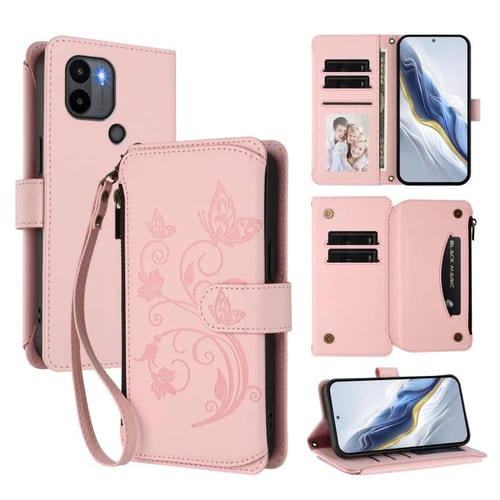 Funda de cuero con cremallera para Redmi A1+ / A2+ / Xiaomi Poco C51, diseño de mariposas y flores, con múltiples tarjetas (rosa)