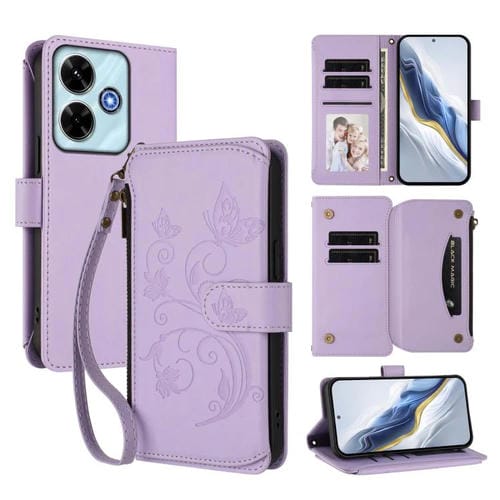 Funda de cuero con cremallera para Redmi 13 4G / 5G / 13x / Xiaomi Poco M6 4G, diseño de mariposas y flores, con múltiples tarjetas (morado claro)