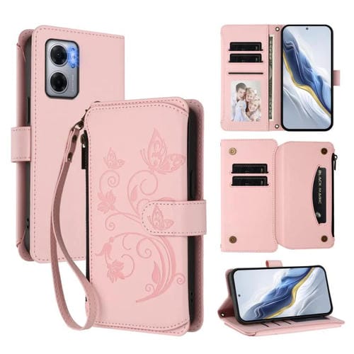 Funda de cuero con cremallera para Redmi 10 5G / Redmi 11 Prime 5G, diseño de mariposas, flores y múltiples tarjetas (rosa)