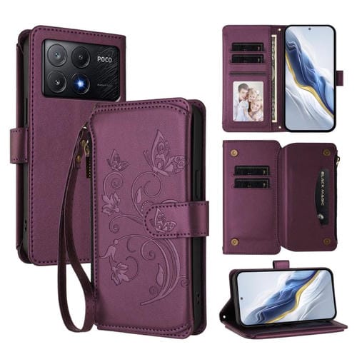 Funda de cuero con cremallera para Xiaomi Poco X6 Pro, diseño de mariposas, flores y mariposas (morado oscuro)
