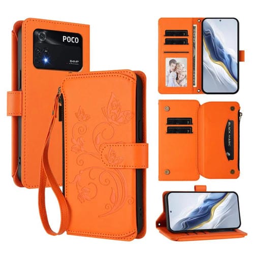 Funda de cuero con cremallera para Xiaomi Poco M4 Pro 4G, diseño de mariposas, flores y múltiples tarjetas (naranja)