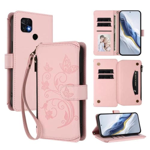 Funda de cuero con cremallera para Xiaomi Poco C40/Redmi 10C, diseño de mariposas y flores, con múltiples tarjetas (rosa)