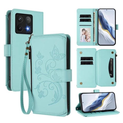 Funda de cuero con cremallera para Xiaomi 14T, diseño de mariposas y flores, con múltiples tarjetas (verde menta)