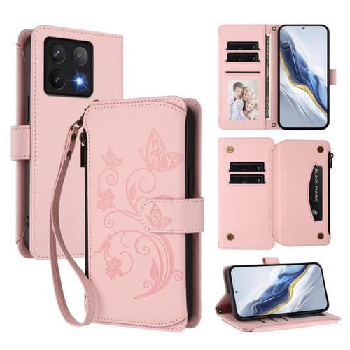Funda de cuero con cremallera para Xiaomi 14T, diseño de mariposas, flores y mariposas (rosa)