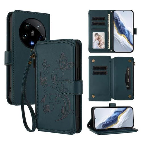 Funda de cuero con cremallera para Xiaomi 14 Ultra, diseño de mariposas y flores, con múltiples tarjetas (verde oscuro)