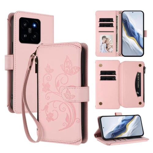 Funda de cuero con cremallera para Xiaomi 14, diseño de mariposas y flores, con múltiples tarjetas (rosa)