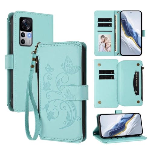 Funda de cuero con cremallera para Xiaomi 12T / 12T Pro / Redmi K50 Ultra, diseño de mariposas, flores y mariposas (verde menta)