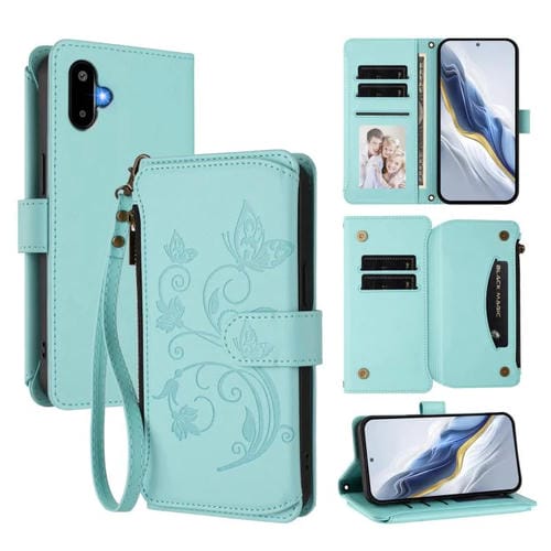 Funda de cuero con cremallera para Samsung Galaxy M06 5G / F06 5G, diseño de mariposas, flores y amor, con mĂșltiples tarjetas (verde menta)