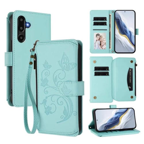 Funda de cuero con cremallera para Samsung Galaxy M16 5G / F16 5G, diseño de mariposas, flores y amor, con múltiples tarjetas (verde menta)