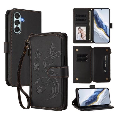 Funda de cuero con cremallera para Samsung Galaxy M15 5G / F15 5G, diseño de mariposas, flores y amor, con mĂșltiples tarjetas (negro)