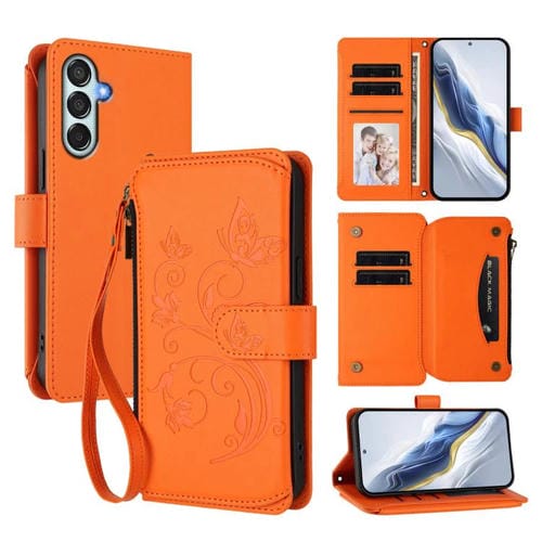 Funda de cuero con cremallera para Samsung Galaxy M34 5G / F34 5G, diseño de mariposas, flores y amor, con mĂșltiples tarjetas (naranja)