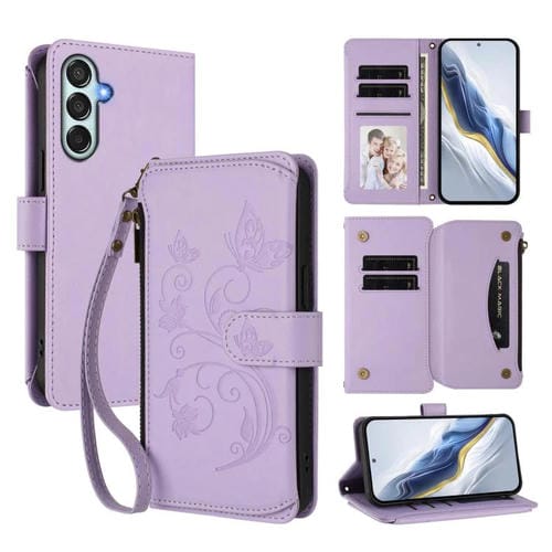 Funda de cuero con cremallera para Samsung Galaxy M35 5G, diseño de mariposas, flores y amor, con múltiples tarjetas (morado claro)
