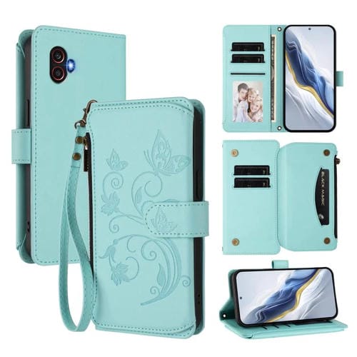 Funda de cuero con cremallera para Samsung Galaxy XCover6 Pro, diseño de mariposas, flores y amor, con mĂșltiples tarjetas (verde menta)