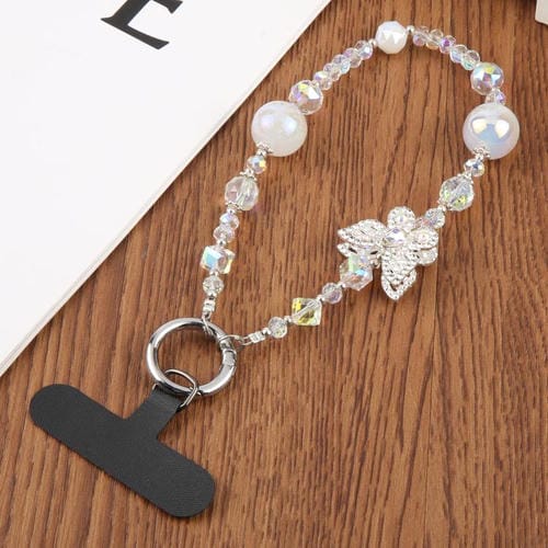 Correa universal antipérdida para teléfono con diseño de mariposa de diamante y cuentas de cristal (blanca)