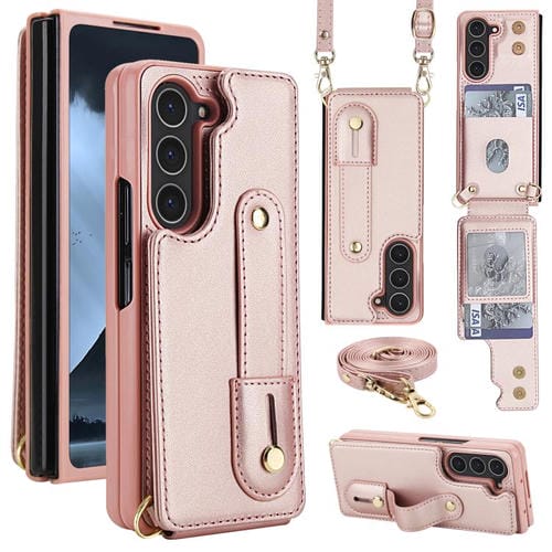 Funda tipo cartera con tapa vertical y correa para Samsung Galaxy Z Fold5 5G, con cordón largo (oro rosa)