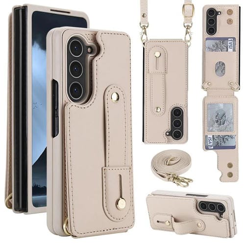 Funda tipo cartera con tapa vertical y correa para Samsung Galaxy Z Fold5 5G, con cordón largo (blanca)