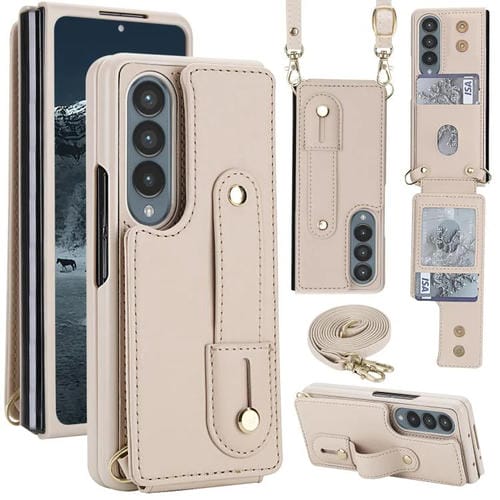 Funda tipo cartera con tapa vertical y correa para Samsung Galaxy Z Fold4 5G, con cordón largo (blanca)