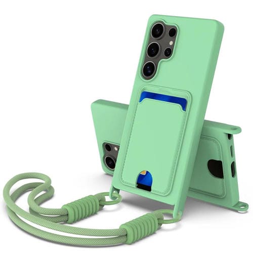 Funda de silicona líquida de color sólido para Samsung Galaxy S24 Ultra 5G con tarjetero integrado y cordón corto (verde)