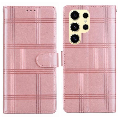 Funda de piel con relieve a cuadros para Samsung Galaxy S25 Ultra 5G (rosa)