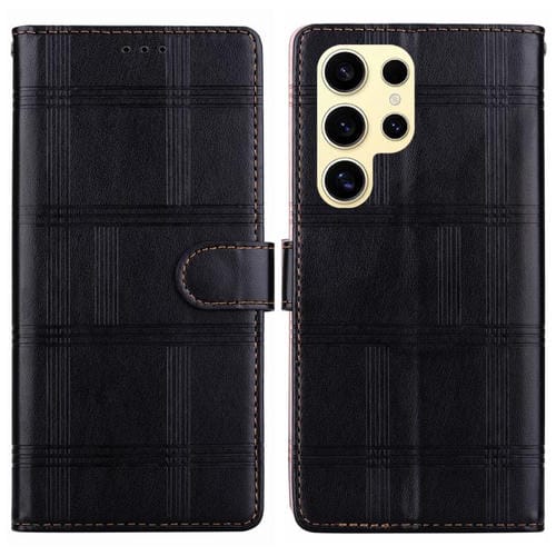 Funda de cuero con relieve a cuadros para Samsung Galaxy S25 Ultra 5G (negra)