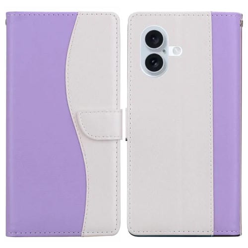 Funda de cuero bicolor con relieve para iPhone 16 Plus (morado y blanco)