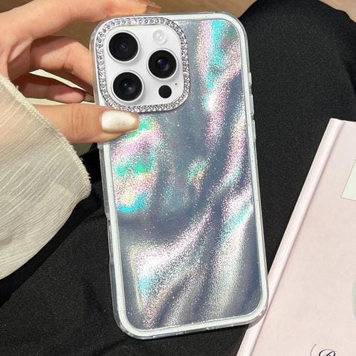 Funda 3 en 1 con diseño de arena movediza y marco de diamante para iPhone 16 Pro (plateada)