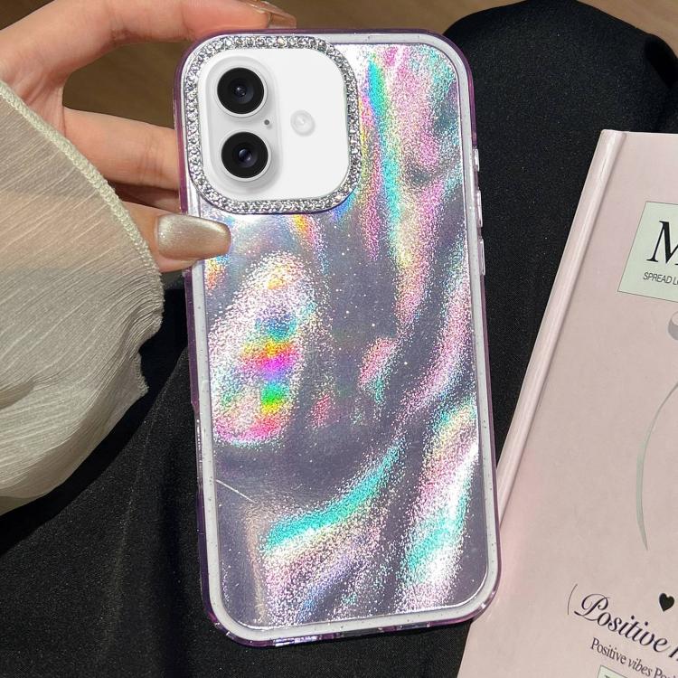 Funda 3 en 1 con diseño de arena movediza y marco de diamante para iPhone 16 (morado)
