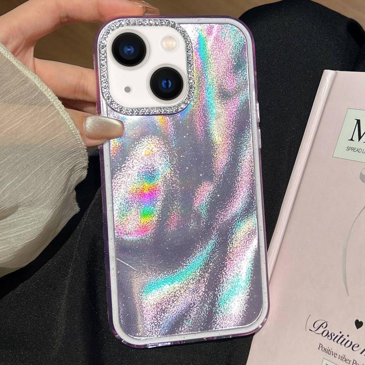 Funda 3 en 1 con diseño de arena movediza y marco de diamante para iPhone 15 Plus (morado)