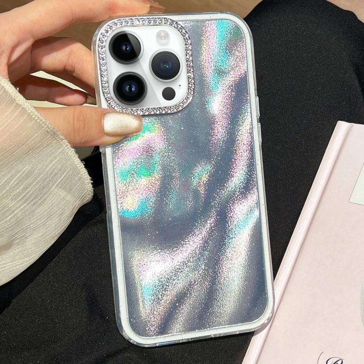 Funda 3 en 1 con diseño de arena movediza y marco de diamante para iPhone 14 Pro Max (plateada)