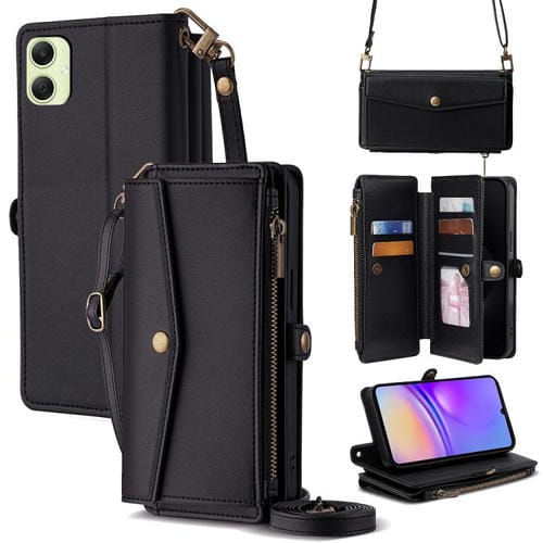 Funda de cuero con cierre de cremallera y hebilla lateral para Samsung Galaxy A05 4G (negro)