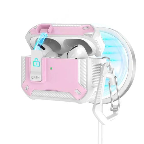 Estuche magnético MagSafe de dos colores para AirPods Pro 2 con soporte y cierre de seguridad (blanco y rosa)