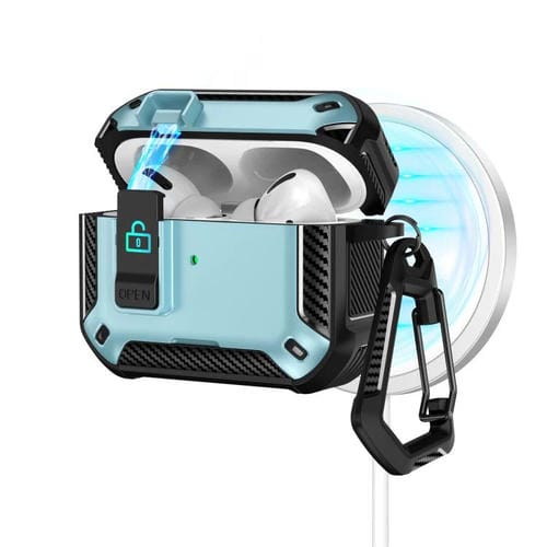 Estuche magnético MagSafe de dos colores para AirPods Pro con soporte y cierre de seguridad (negro y azul claro)